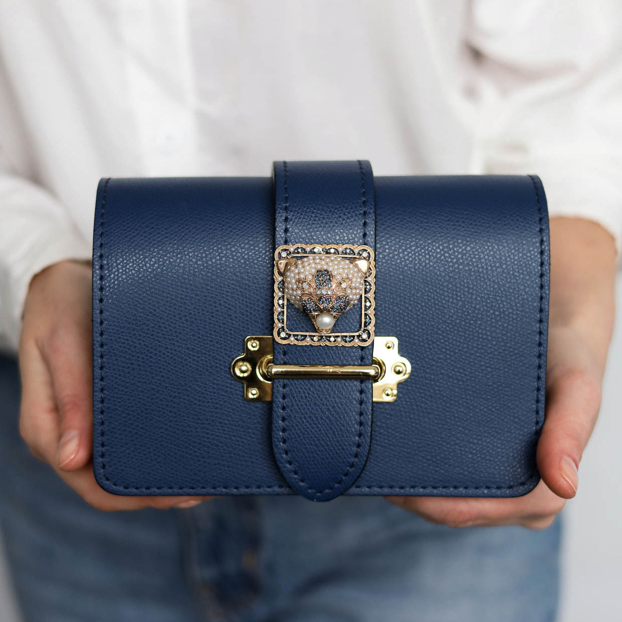 Borsa Pantera Blu Saffiano